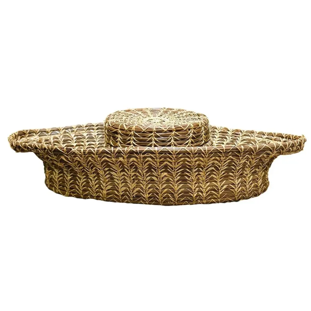 Pine Needle Woven Oval Basket + Round Basket w/Lid, Wooden Bottoms Vintage